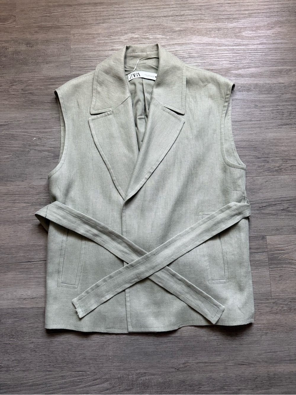 Zara Linen-Blend Sleeveless Belted Vest in Sage
